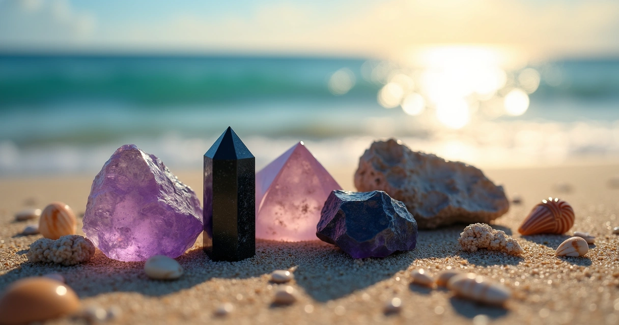 Pedras de proteção pessoal sobre fundo de praia e céu azul ao pôr do sol