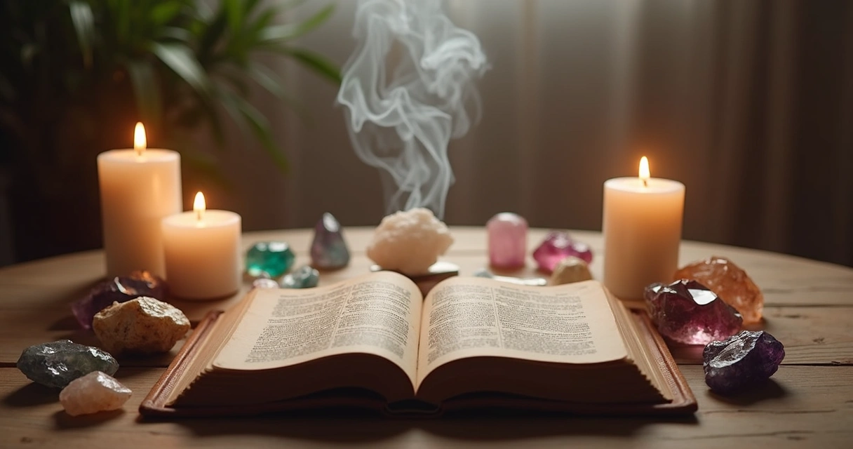 Mesa com elementos espirituais: velas acesas, cristais, e um livro antigo aberto, representando quebra de maldição e limpeza energética