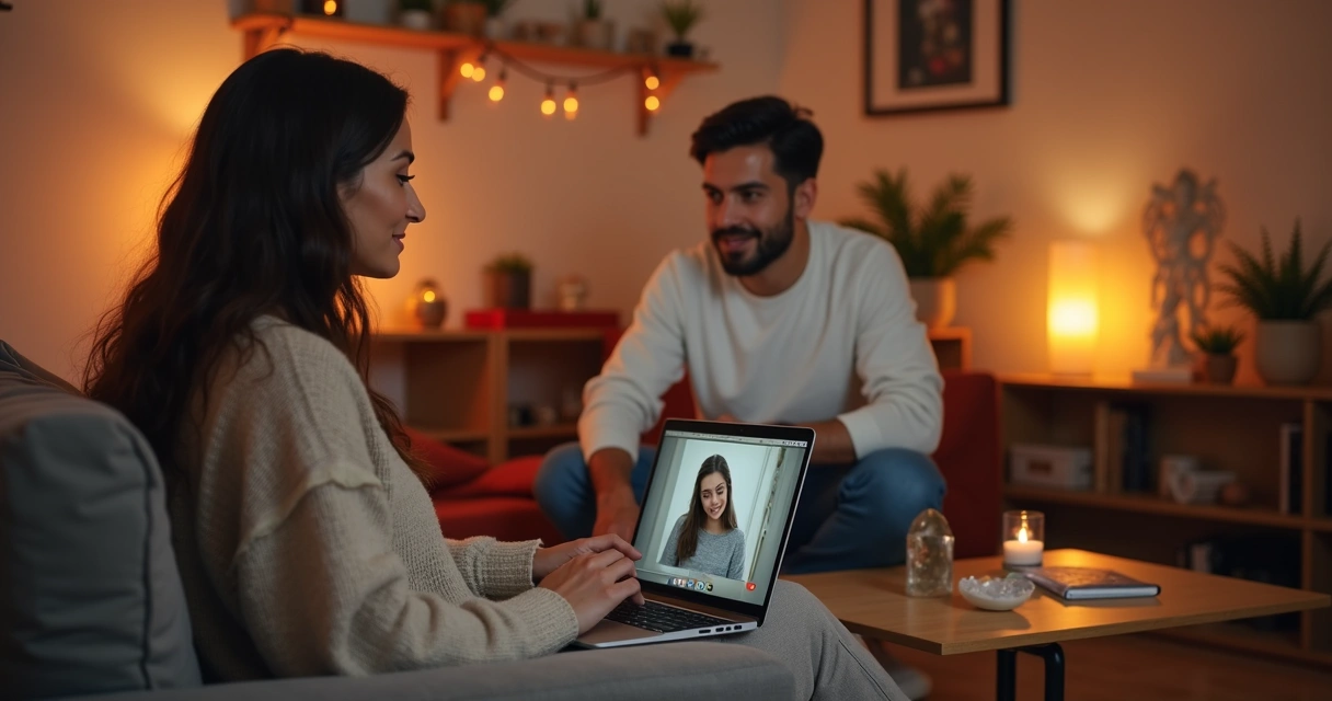 Casal em videochamada mantendo conexão em ambiente aconchegante com luz suave e decoração espiritual