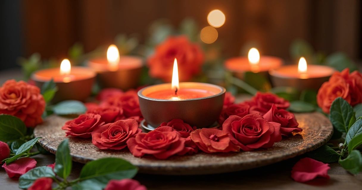 Mesa com ritual de chás para renovação do amor, incluindo xícaras, flores vermelhas, velas acesas e folhas verdes