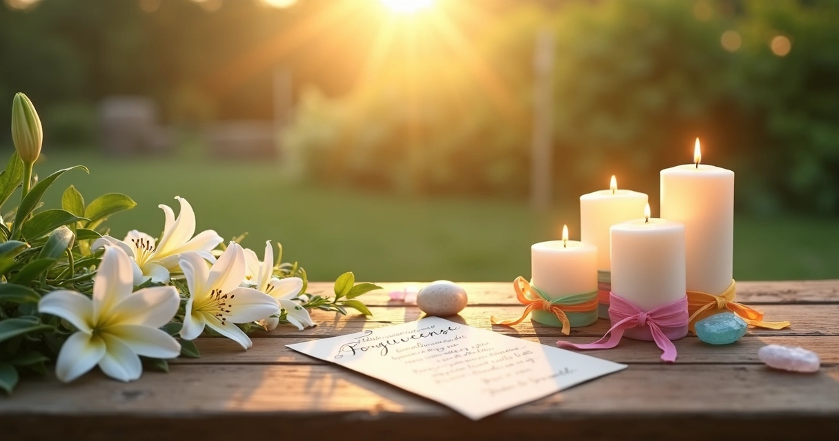 Velas acesas, flores brancas e fitas coloridas sobre mesa de madeira para simpatia de perdão