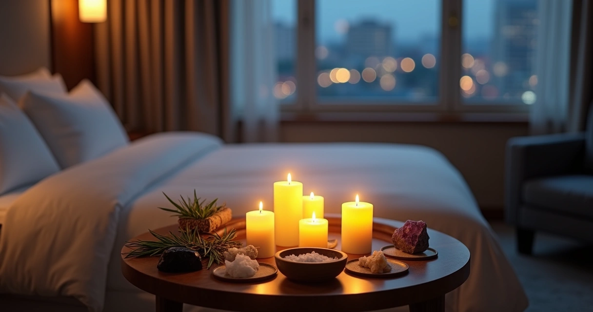 Mesa com velas acesas, cristais, ervas e objetos de proteção em um quarto de hotel