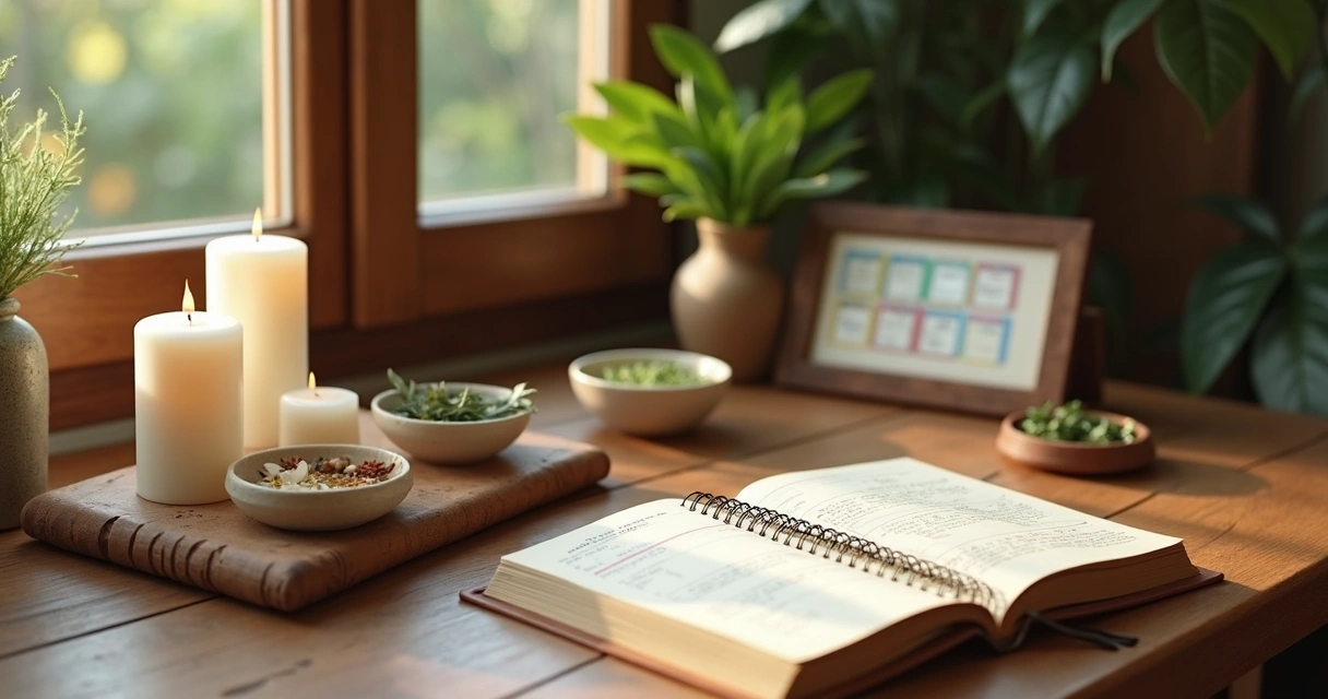 Mesa organizada com ingredientes para simpatias e calendário semanal ao fundo