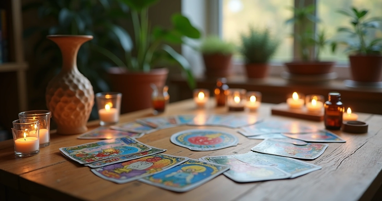 Mesa com cartas de tarot abertas ao lado de essências e velas aromáticas para relaxamento