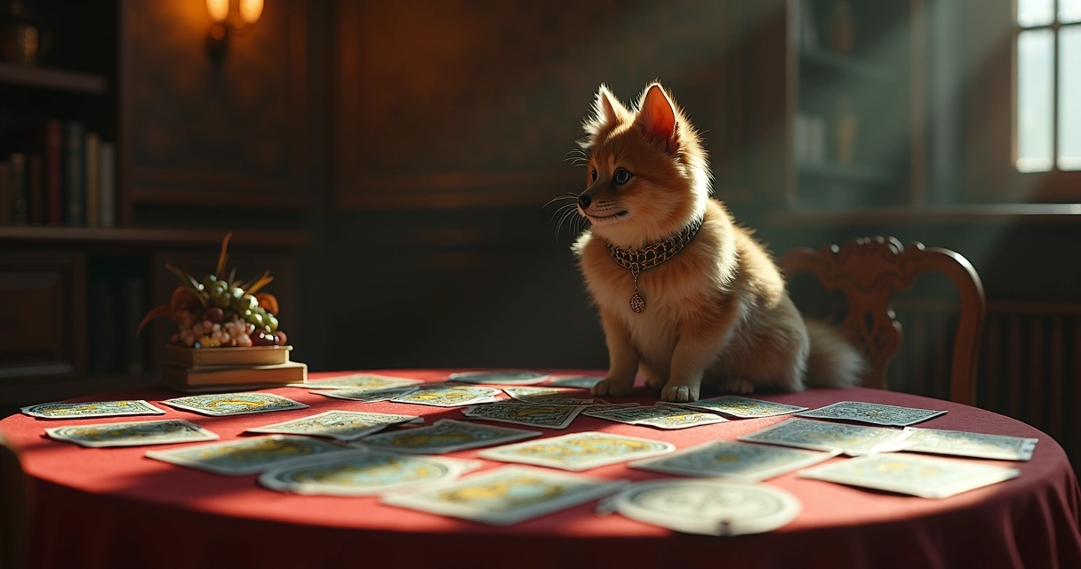 Mesa com cartas de tarot abertas e um cachorro sentado ao lado das cartas