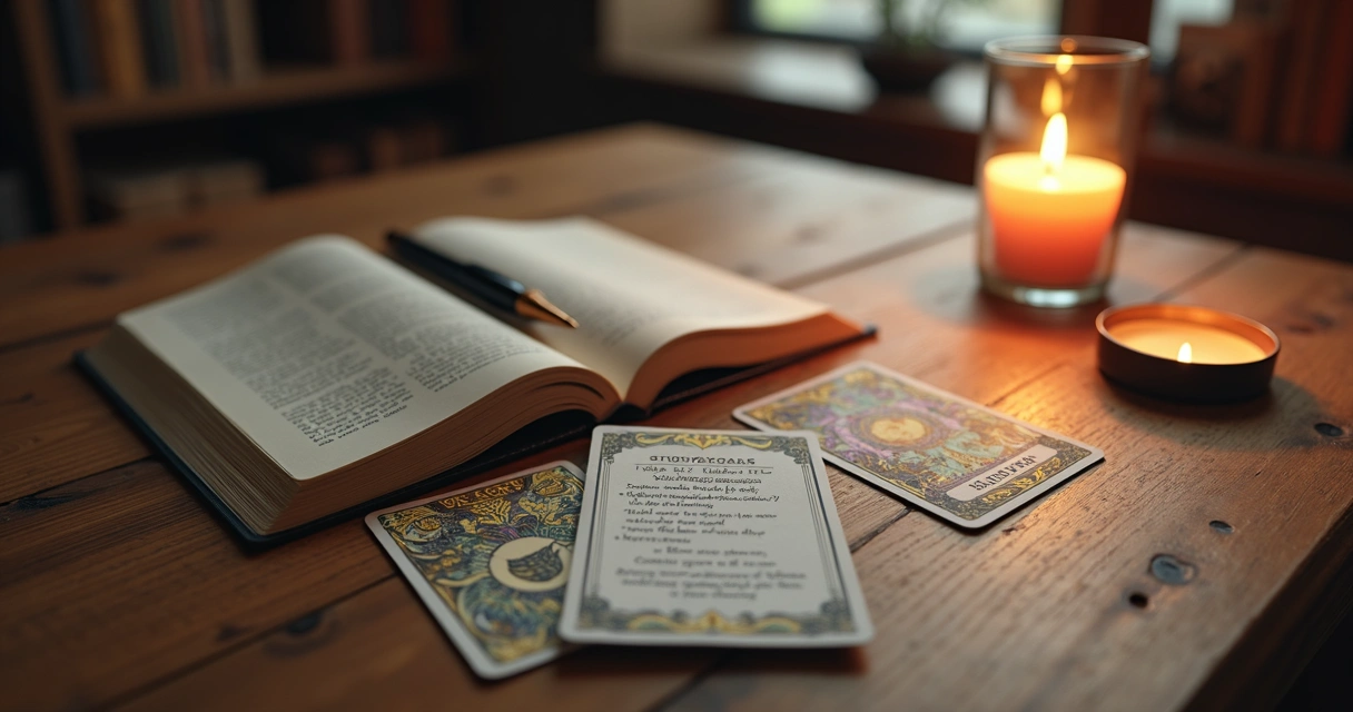 Mesa de madeira com cartas de tarot espalhadas, caderno aberto com anotações, caneta e uma vela acesa ao lado