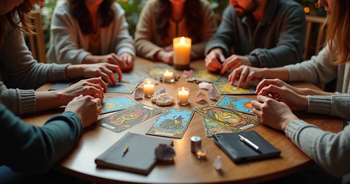 Mesa redonda com mãos distribuindo cartas de tarot em ambiente iluminado e acolhedor
