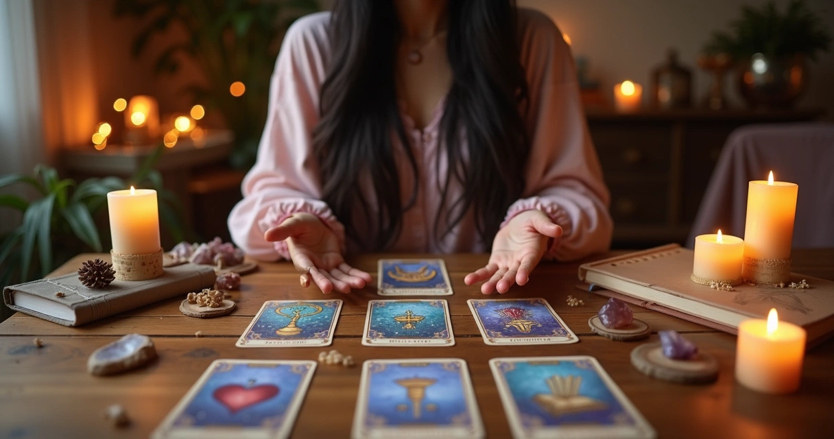 Mulher fazendo autoleitura com baralho cigano sobre mesa iluminada por velas