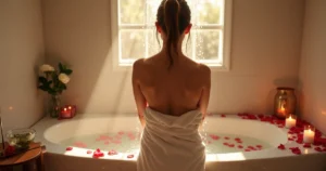 Mulher tomando banho de descarrego com velas e pétalas para novo amor