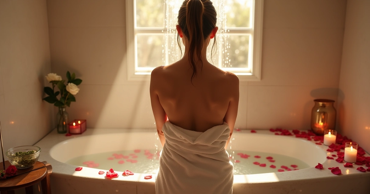 Mulher tomando banho de descarrego com velas e pétalas para novo amor