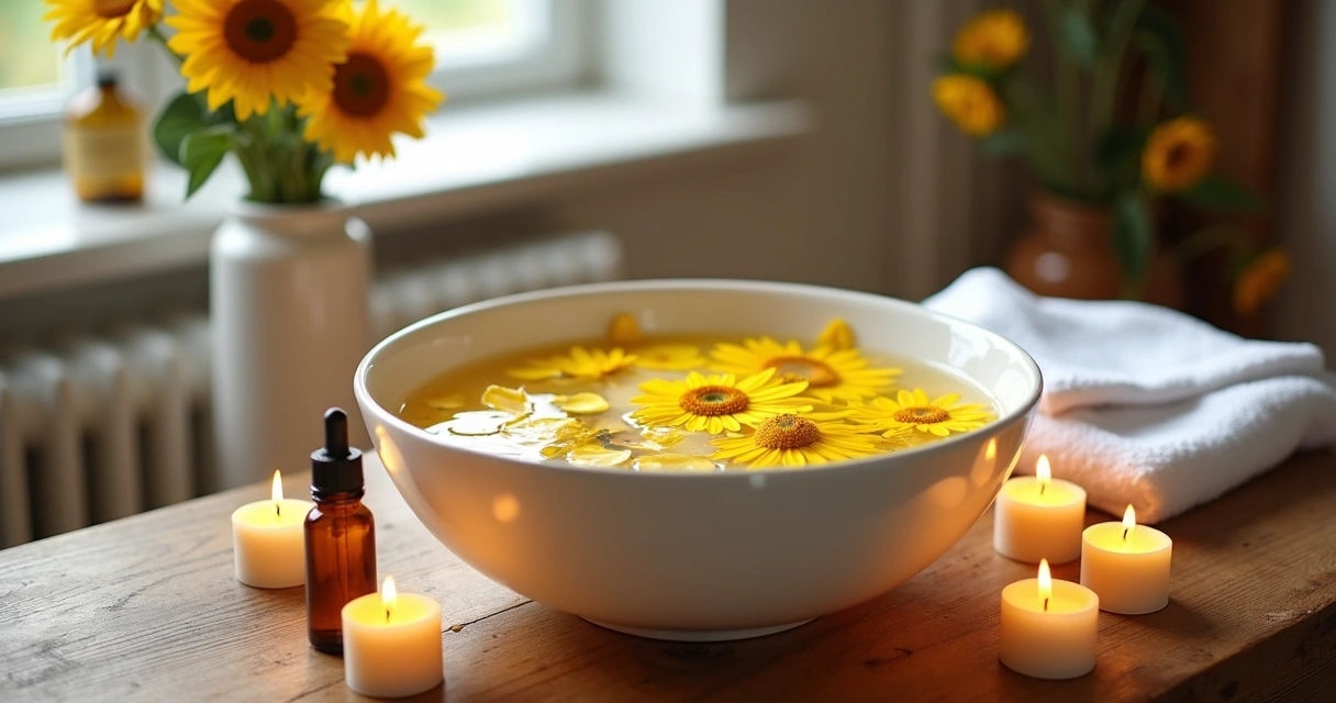 Banho de girassol em bacia branca com pétalas amarelas e velas acesas ao redor