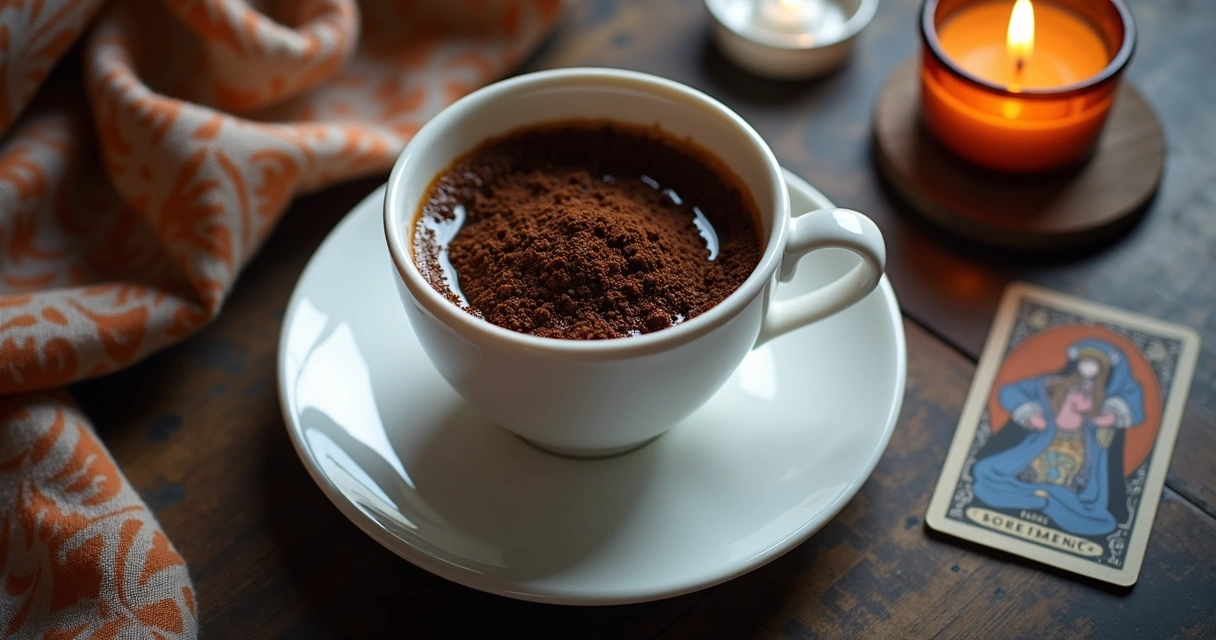 Xícara branca com borra de café formando desenhos misteriosos vista de cima