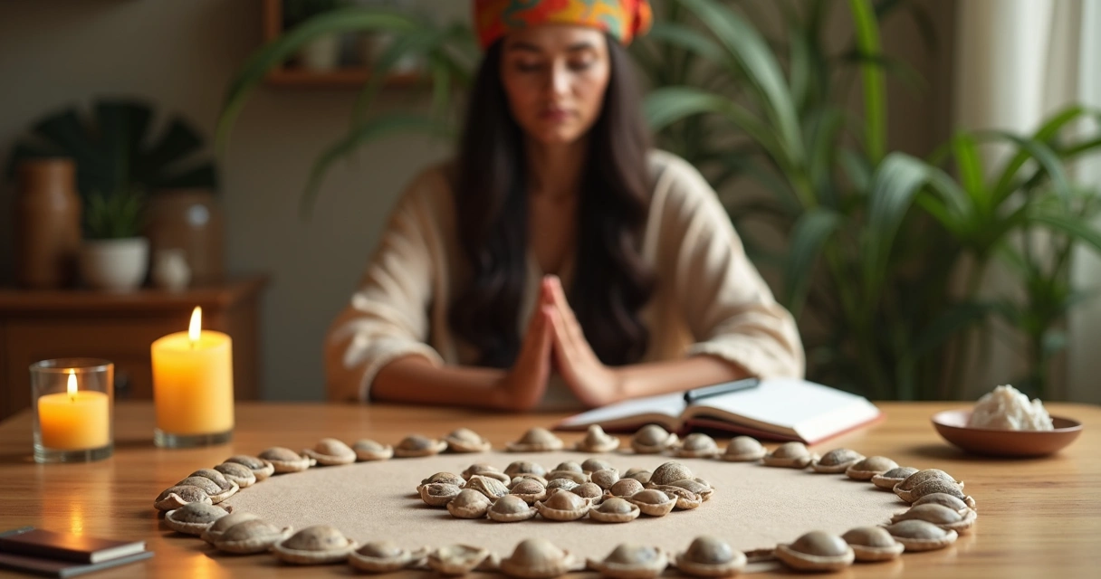 Mesa com búzios, vela acesa e mulher concentrada em meditação