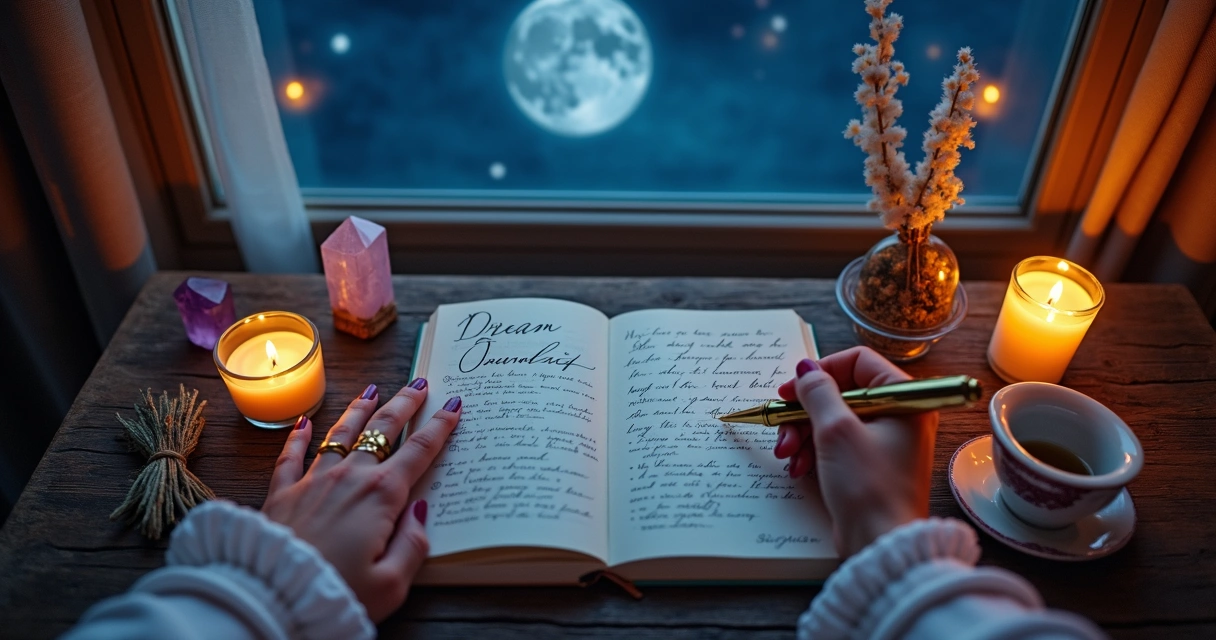 Mulher escrevendo em caderno de sonhos ao lado de vela acesa e cristais