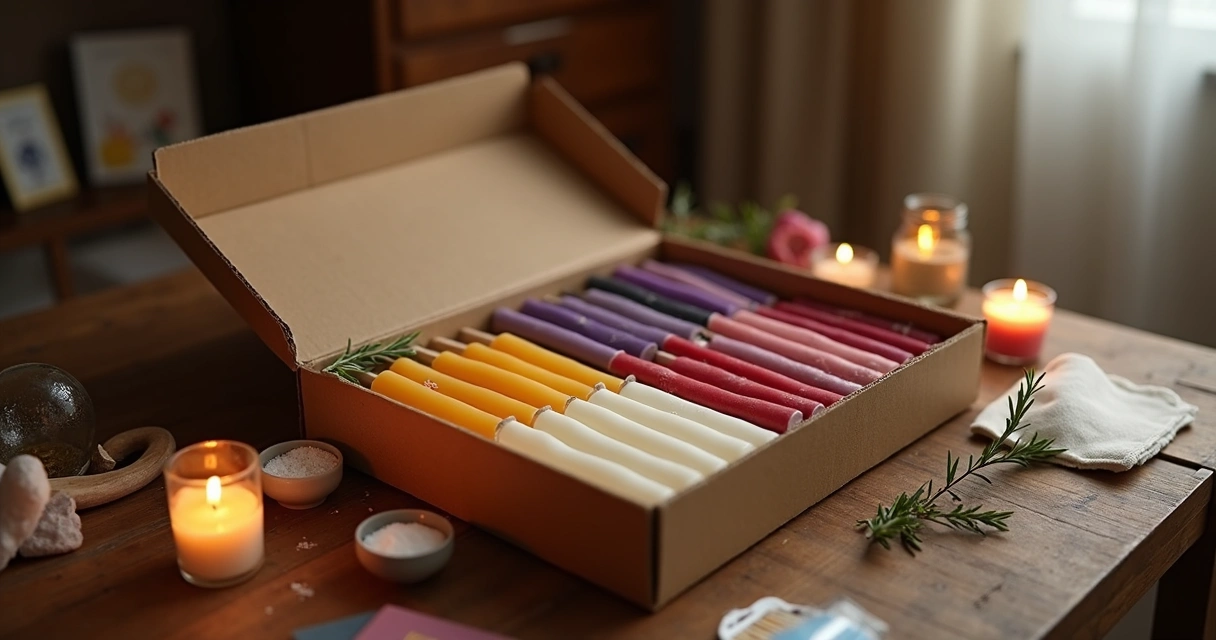 Caixa organizada com velas e itens de proteção para emergências espirituais