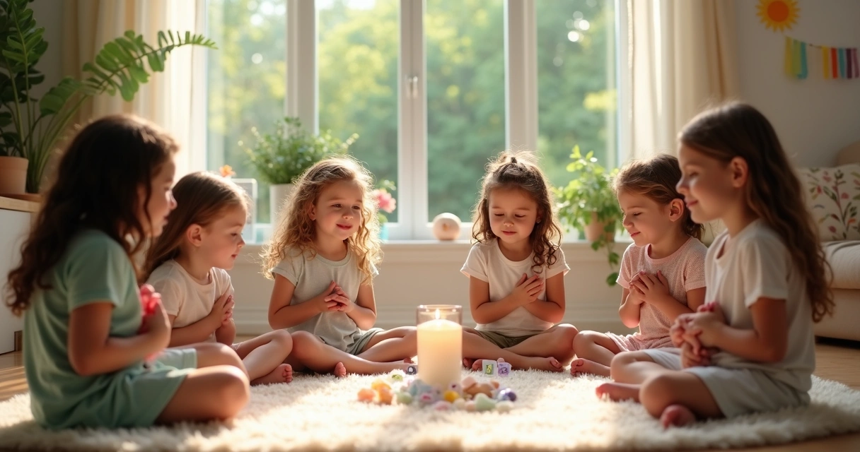 Crianças em roda fazendo atividade espiritual com luz suave e natureza ao fundo