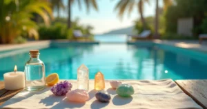 Cristais coloridos energizados sobre toalha perto de piscina no verão
