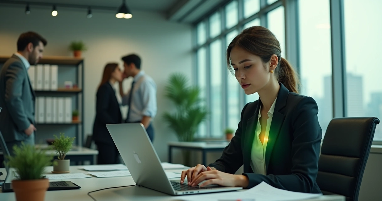 Mulher em escritório sentindo energia negativa de colegas ao fundo