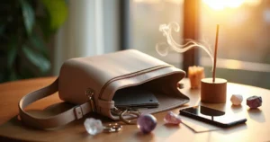 Mesa com bolsa feminina e acessórios recebendo limpeza energética com incenso e cristais