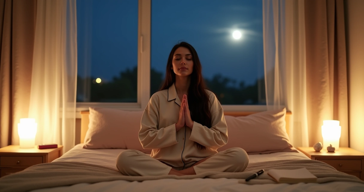 Mulher sentada na cama meditando com mãos em prece ao lado de vela acesa