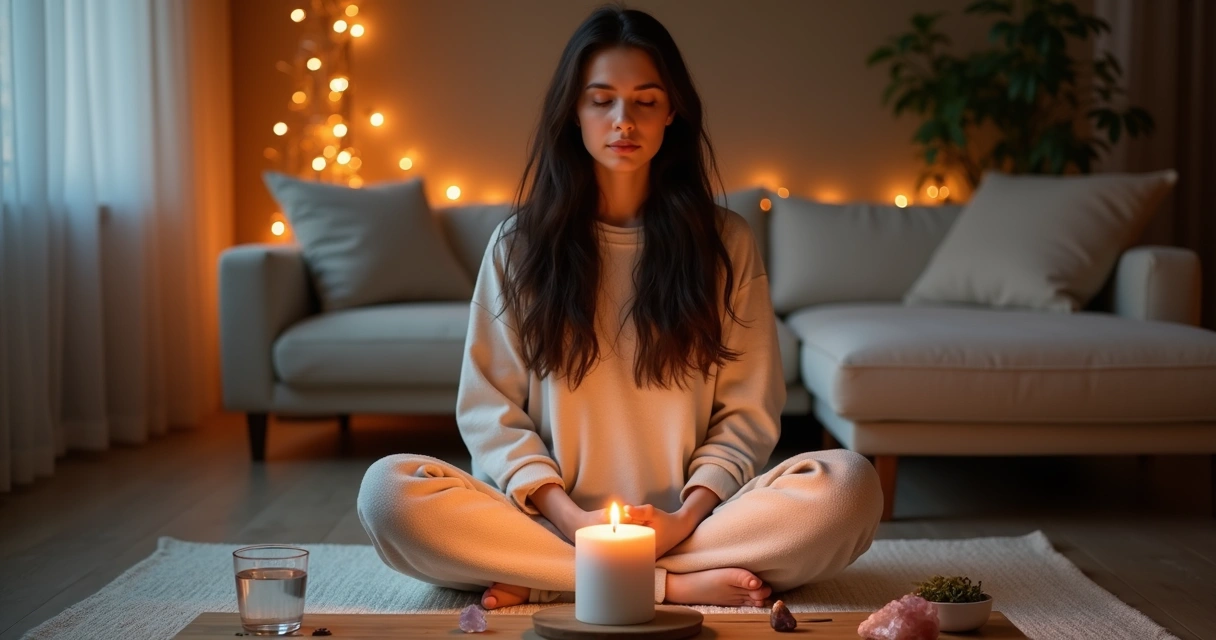 Mulher meditando com velas e cristais em ambiente tranquilo