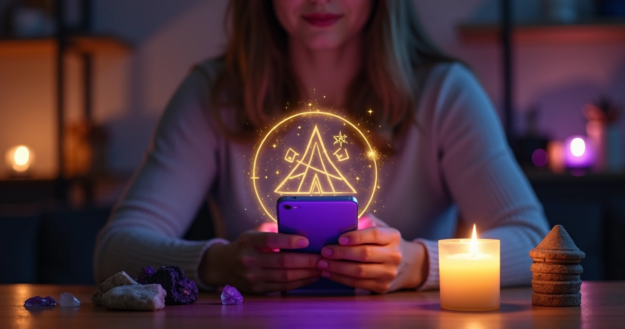 Mulher segurando celular protegido por círculo de luz e símbolos místicos