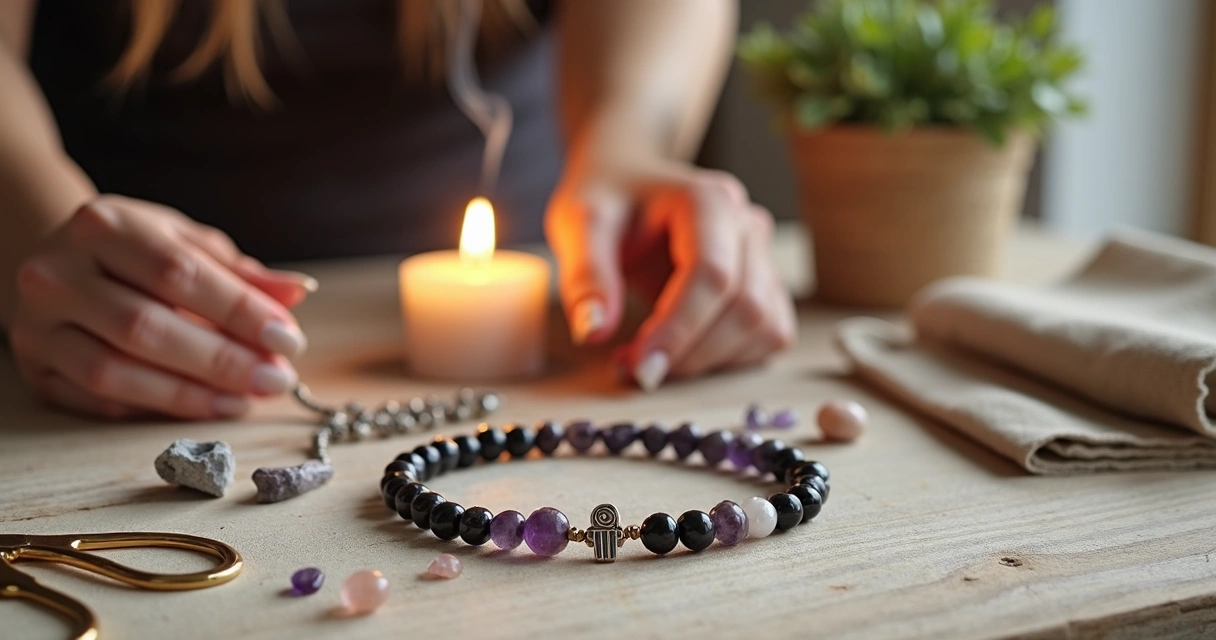 Pulseira energética artesanal com cristais coloridos sobre mesa de madeira com incenso aceso