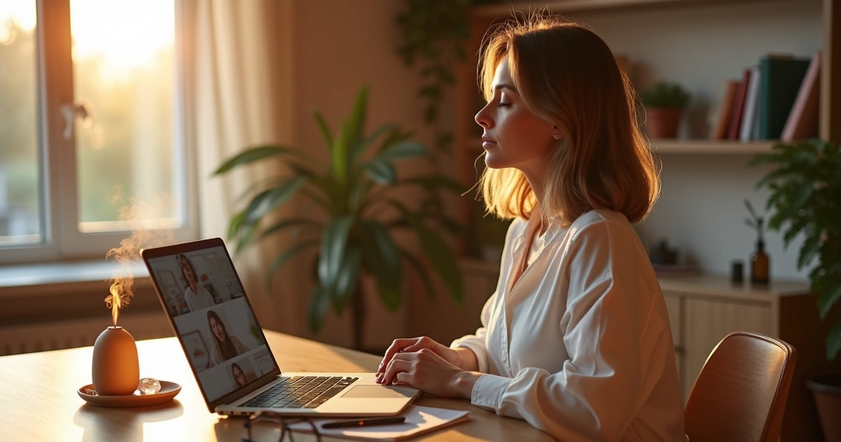 Mulher preparando ritual aromático em mesa antes de reunião de trabalho