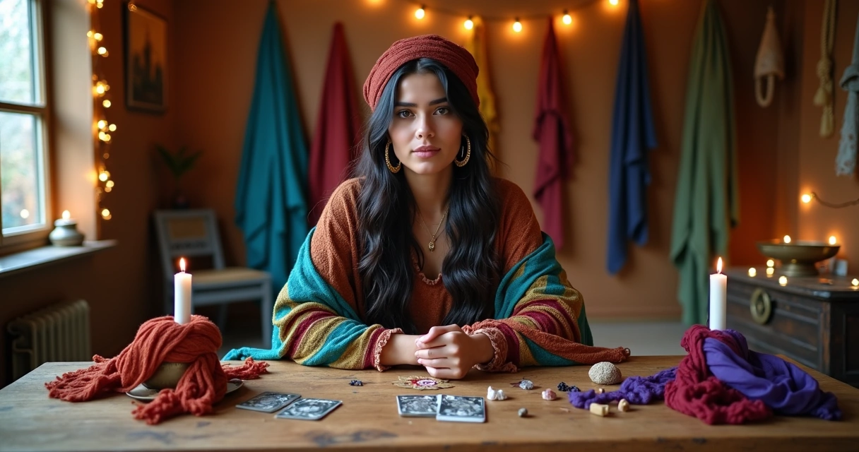 Mulher em ritual cigano com lenços coloridos sobre altar místico