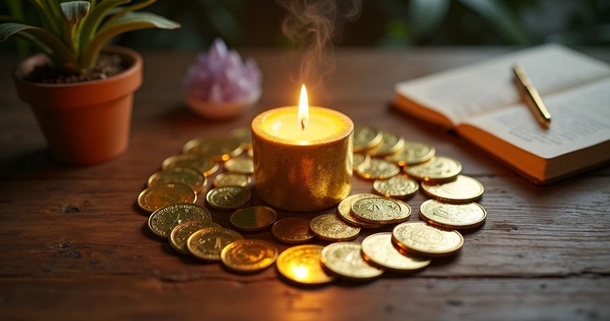 Ritual de prosperidade com moedas douradas ao redor de vela acesa