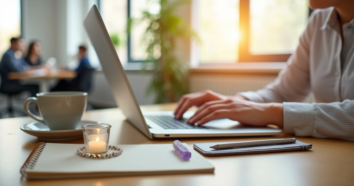 Mesa de escritório com amuleto discreto ao lado do computador