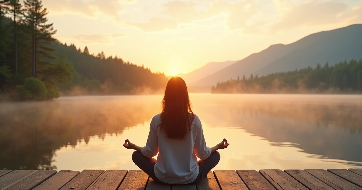 Mulher meditando em silêncio ao nascer do sol em ambiente natural sereno