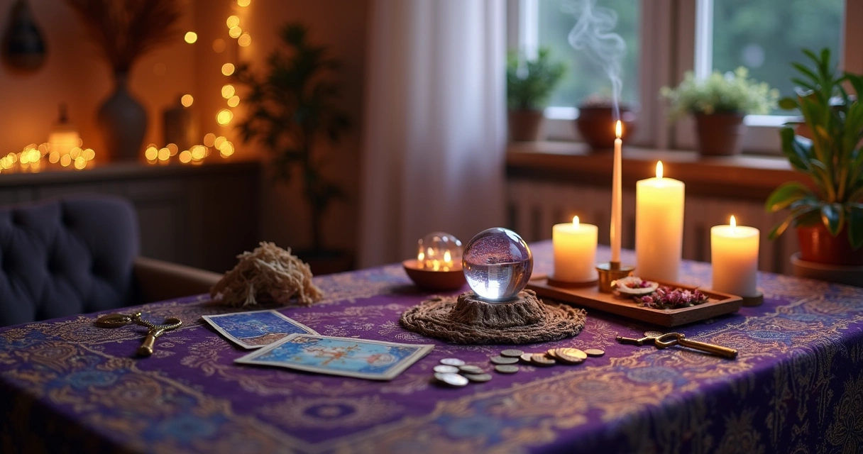 Mesa com símbolos ciganos coloridos harmonizando as energias do ambiente