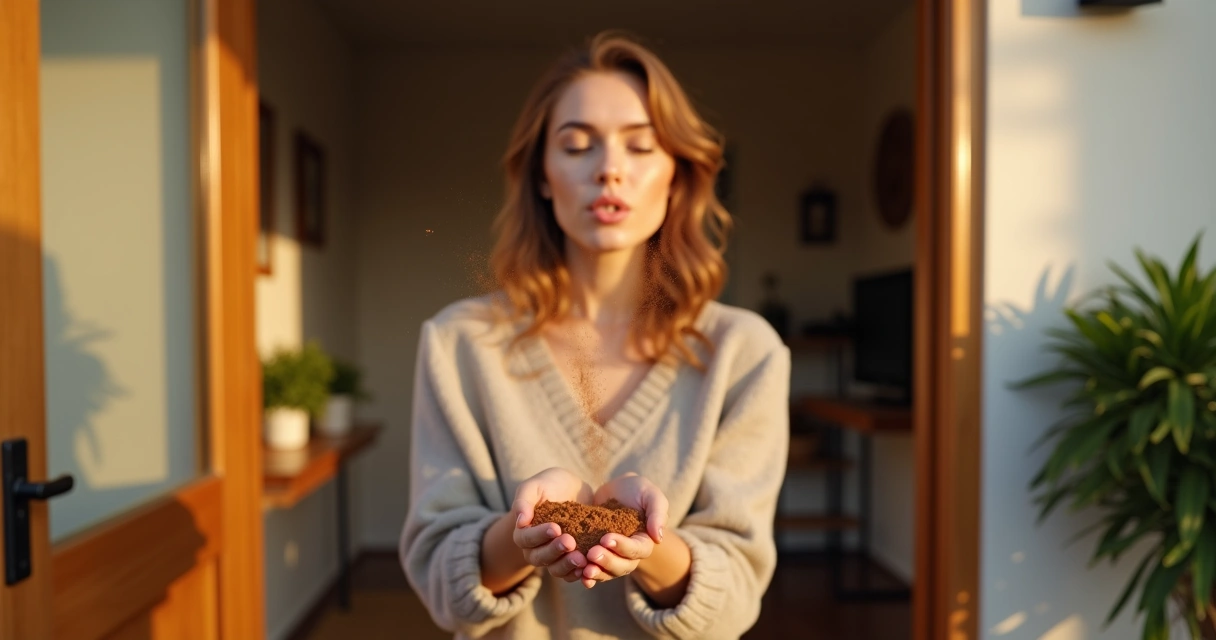 Mulher assoprando canela em pó na porta de entrada da casa