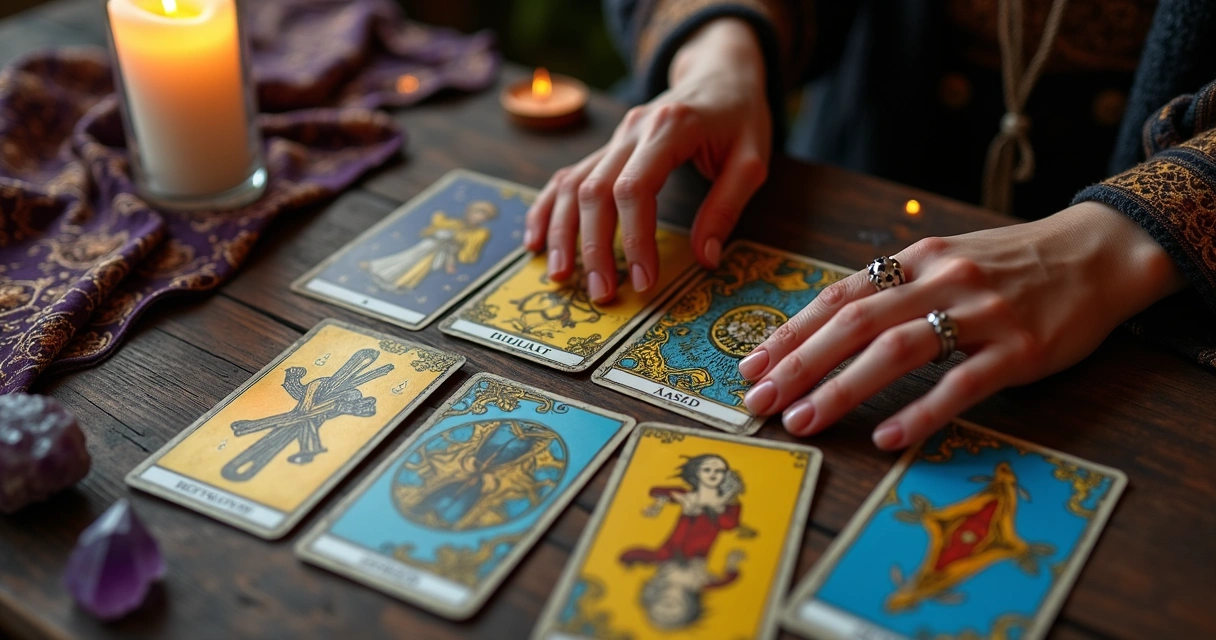 Cartas de tarot invertidas sobre mesa mística com mãos femininas interpretando as lâminas