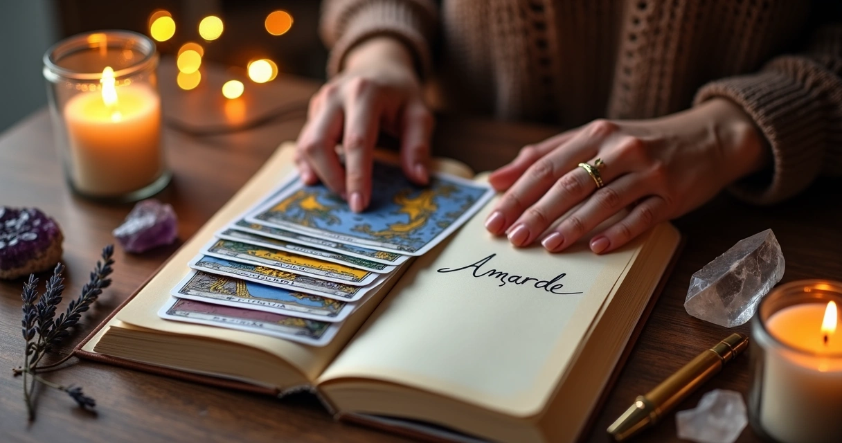 Mulher escolhendo carta de tarot sobre mesa iluminada com palavra de poder escrita em caderno