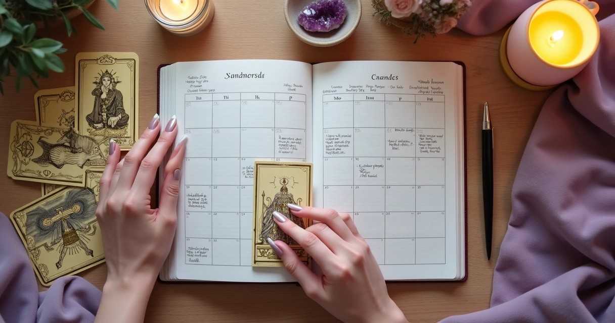 Mesa com cartas de tarot e planner mensal organizado com caneta e vela acesa