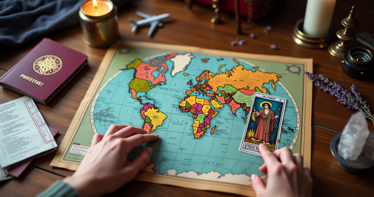 Cartas de tarot sobre mapa de viagem com passaporte e avião em miniatura