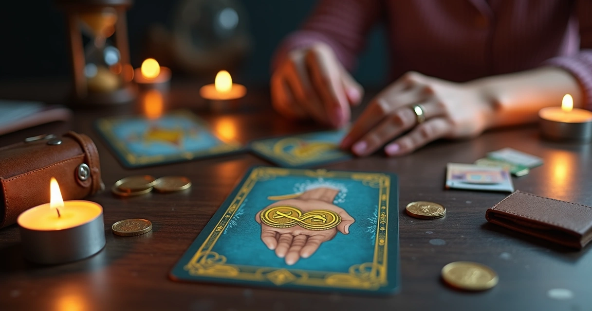 Carta de tarot 2 de Ouros em mesa com elementos de equilíbrio e mudanças
