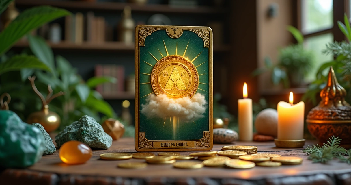 Carta Ás de Ouros do tarot sobre altar místico com símbolos de prosperidade