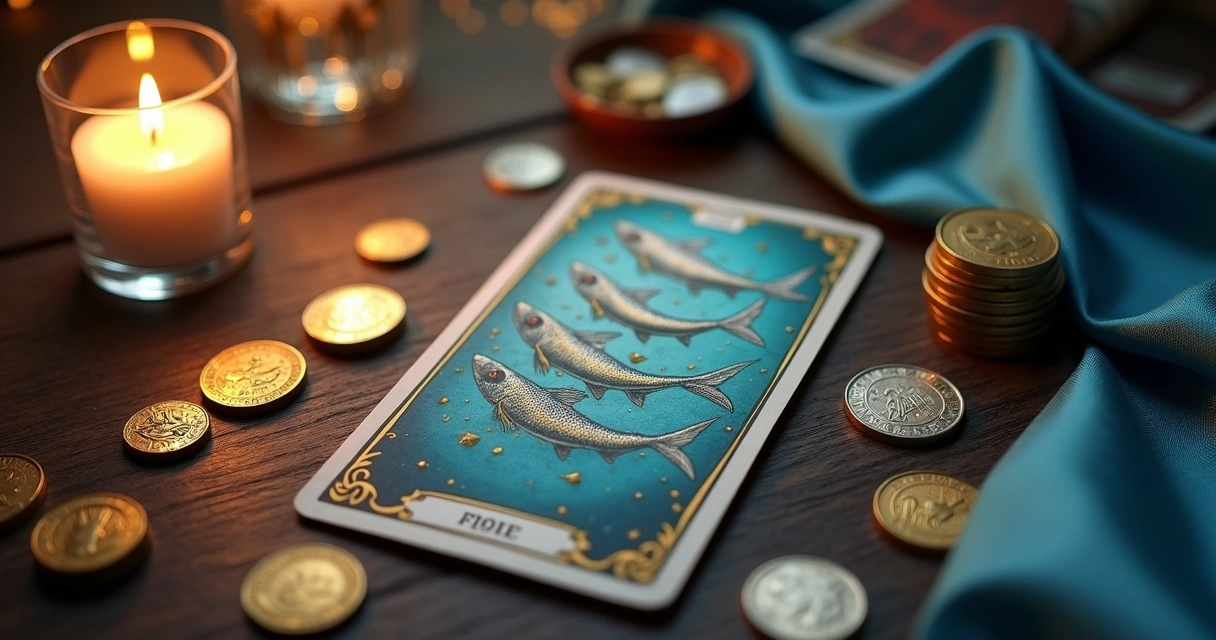 Carta Os Peixes do Baralho Cigano sobre mesa com moedas e luz dourada