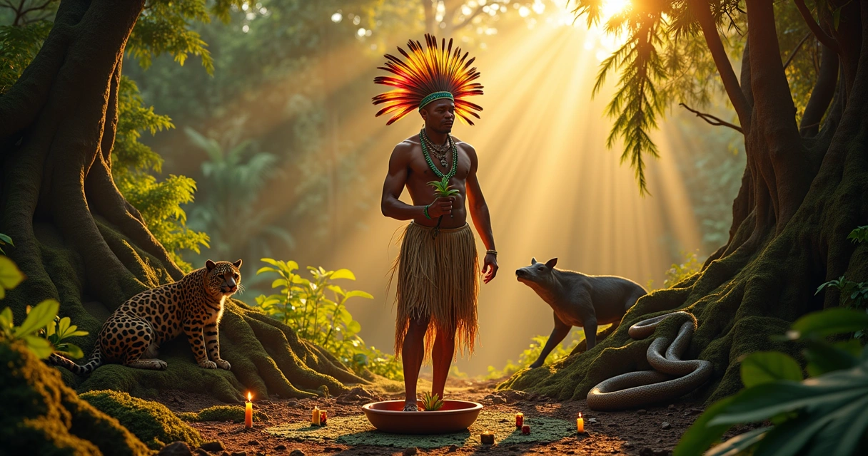 Caboclo Tupinambá em ritual na floresta com animais de poder ao redor