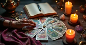 Mesa com cartas de tarot ciganas e velas acesas indicando uma semana de sorte