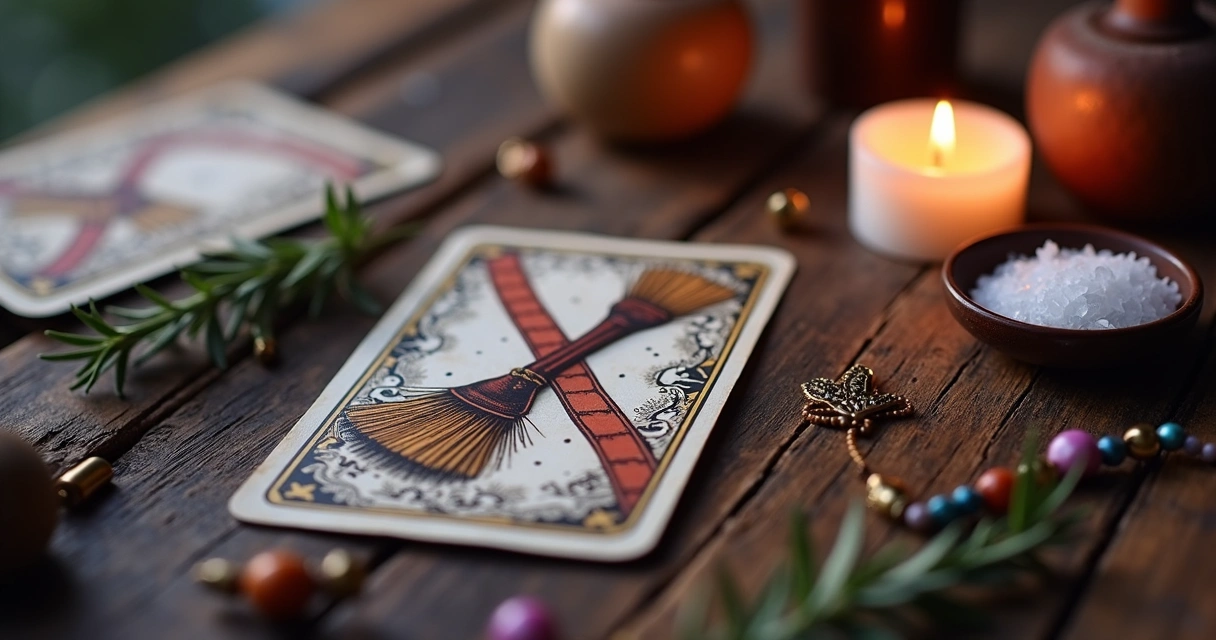 Carta 11 O Chicote do Baralho Cigano sobre mesa com objetos de proteção espiritual