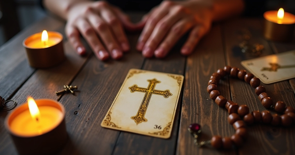Carta 36 A Cruz do Baralho Cigano sobre mesa com velas e terço