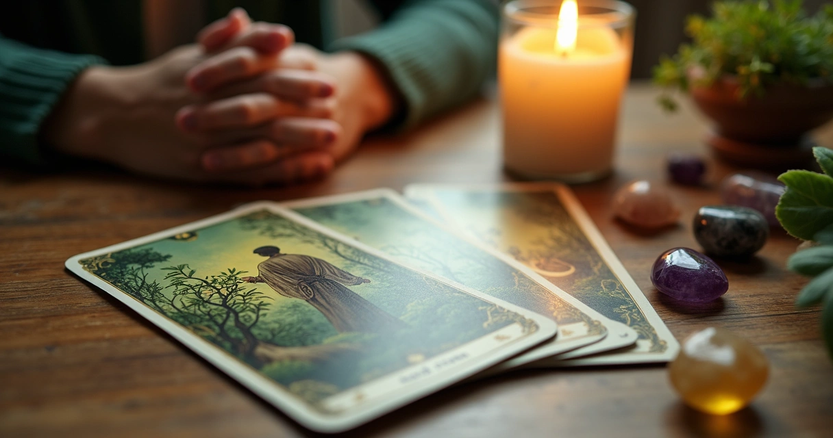Carta 7 de Ouros em destaque sobre mesa de tarot com clima de reflexão espiritual