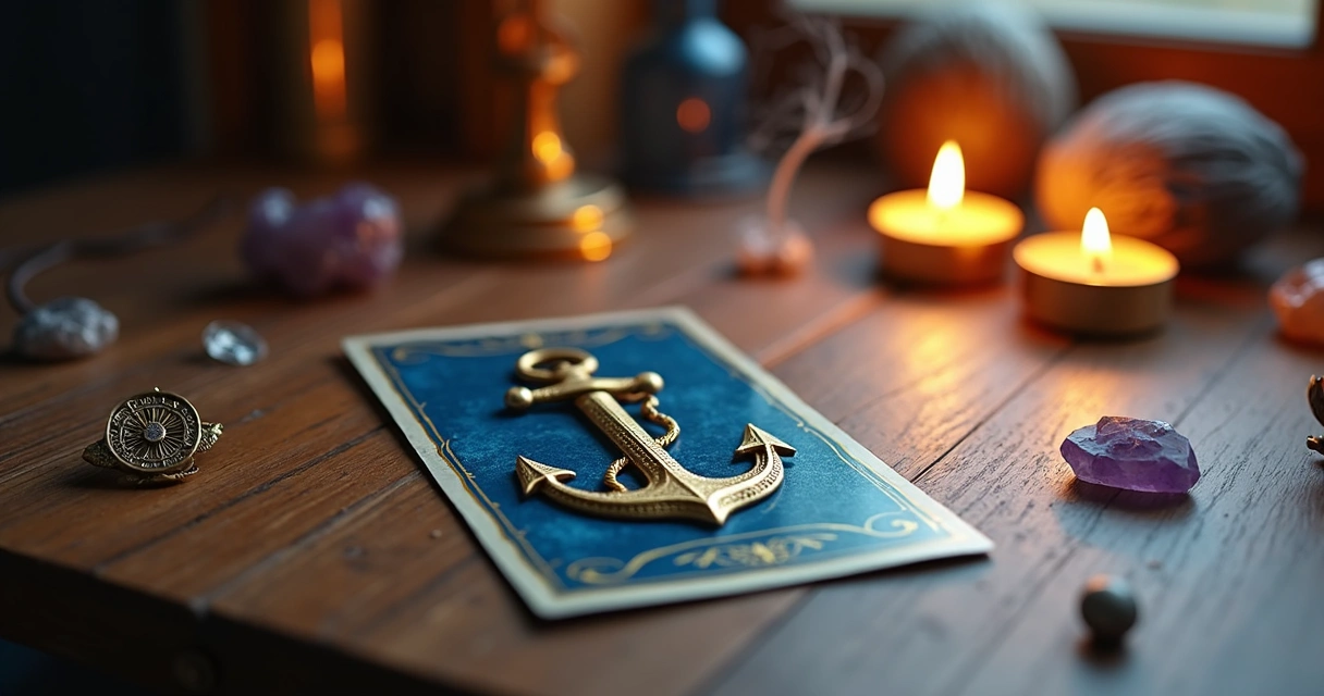 Carta A Âncora do baralho cigano sobre mesa com elementos espirituais