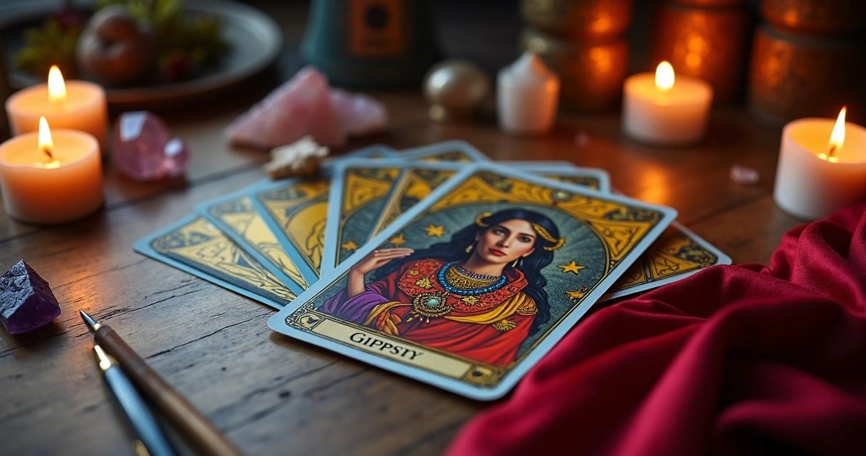 Carta da Cigana do baralho cigano sobre mesa com velas e cristais