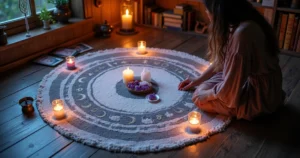 Mulher traçando círculo mágico de proteção com velas e cristais em altar místico