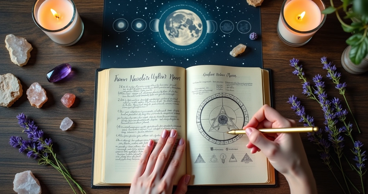 Mulher escrevendo em diário lunar com fases da lua desenhadas ao redor